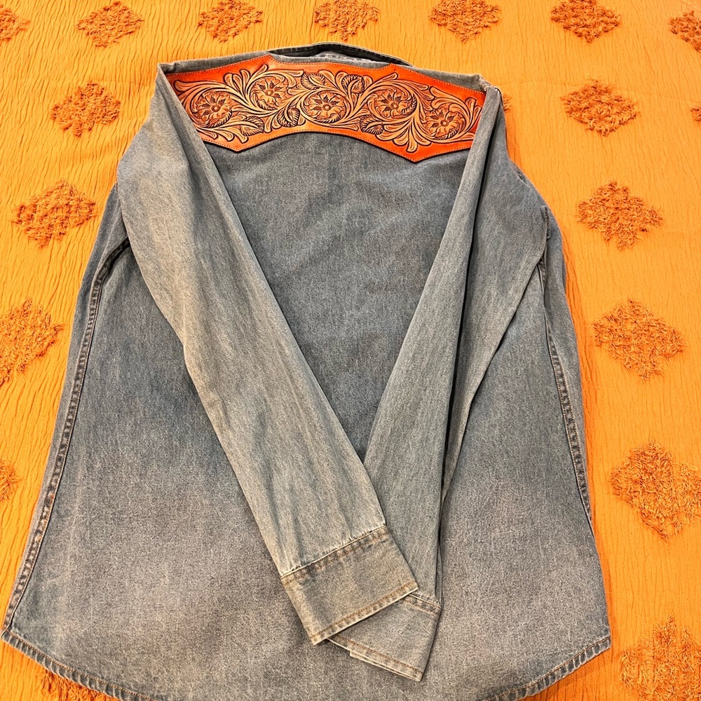 American Darling Blue Denim Shirt with Leather Brown Patch